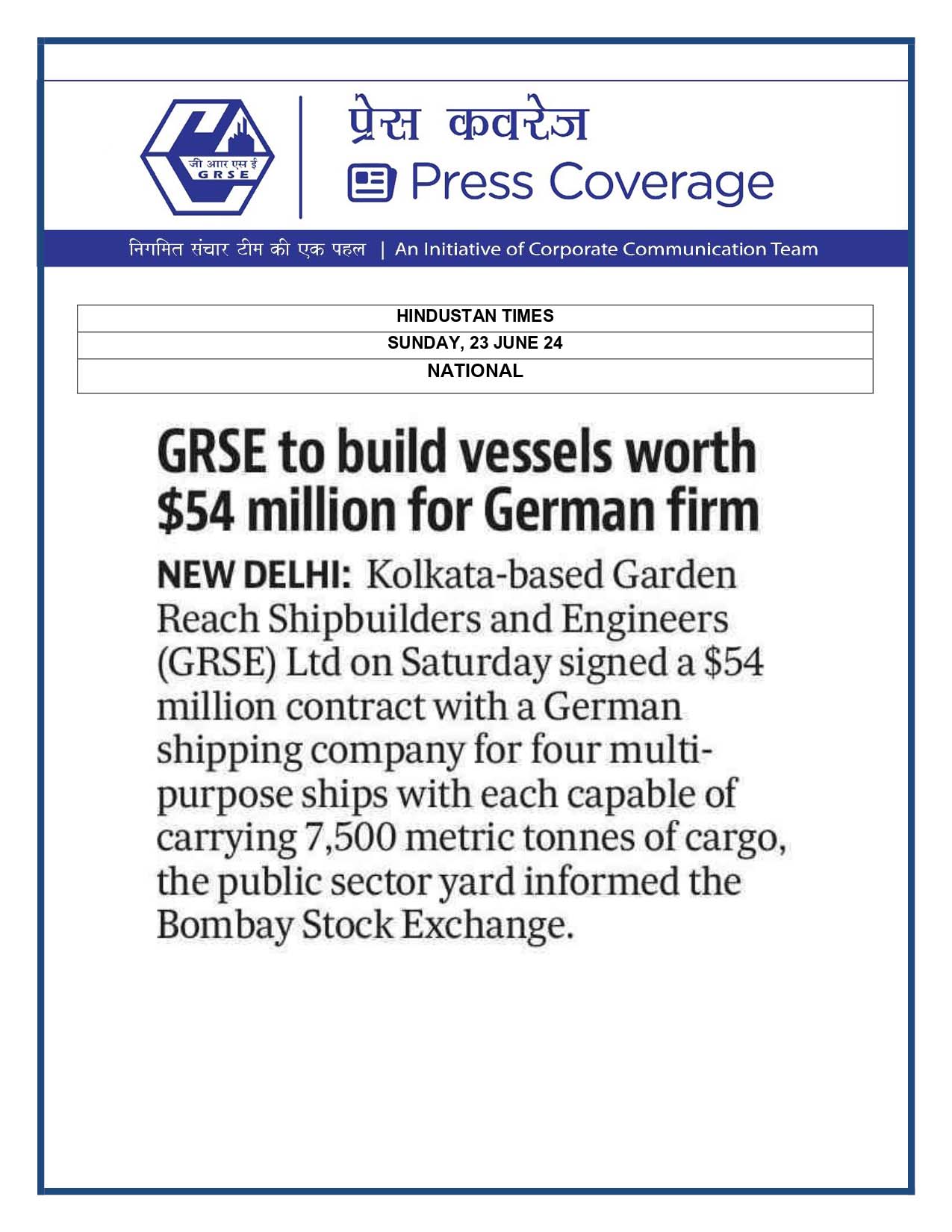Press Coverage : Hindustan Times, 23 Jun 24 : GRSE to build vessels worth $54 Million for German Firm